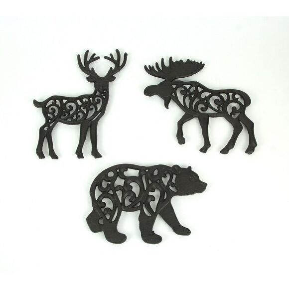 Set of 3 Cast Iron Lodge Design Kitchen Trivets Wall Hanging Art Deer Moose Bear - Picture 3 of 4